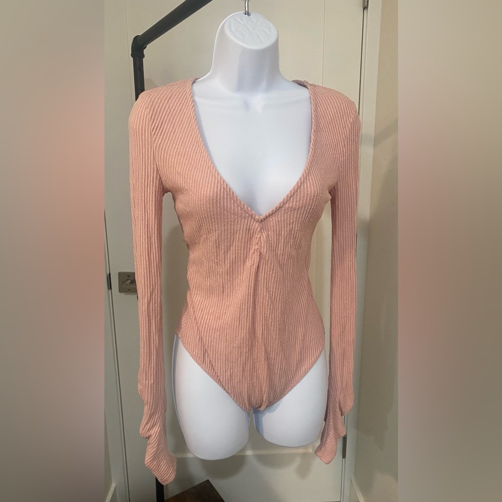 Free People Pink Ribbed Bodysuit Size S